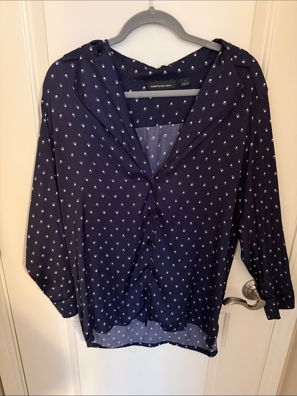 Something Navy Navy Polka Dot V-Neck Button Blouse